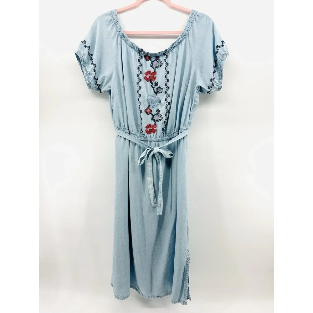 Old Navy Embroidered Peasant Dress Women Blue Tie Sleeve Boho Cottagecore NN24 - Picture 2 of 14